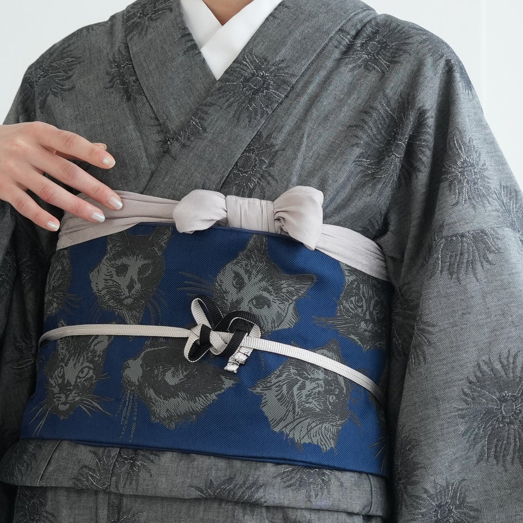 帯 キャット図鑑 猫作り帯 インクブルー】 つけ帯 リバーシブル ニコ