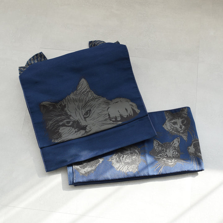作り帯 猫 帯 キャット図鑑 猫作り帯 インクブルー】 つけ帯 リバーシブル ニコ