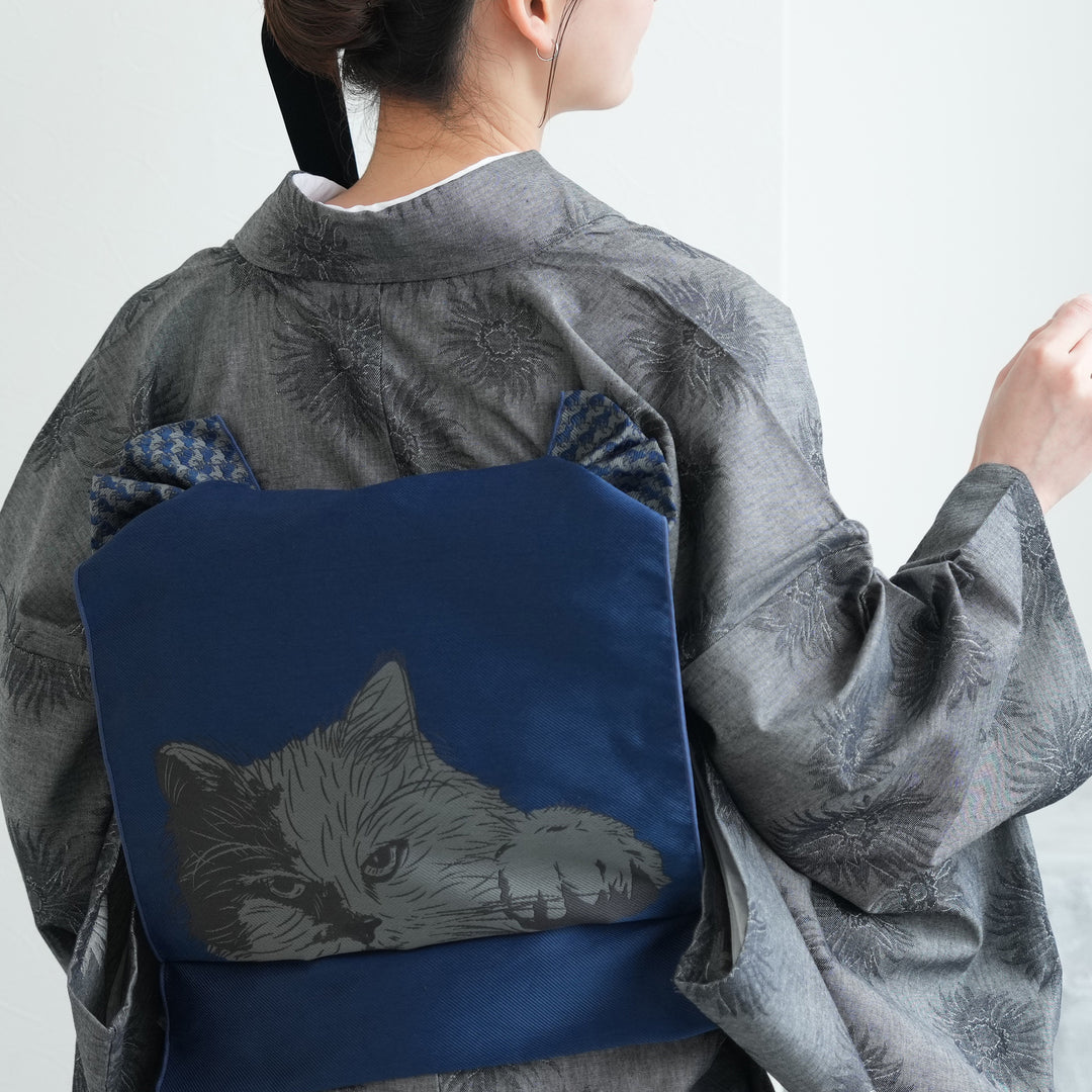 つくり帯 猫 帯 キャット図鑑 猫作り帯 インクブルー】 つけ帯 リバーシブル ニコ
