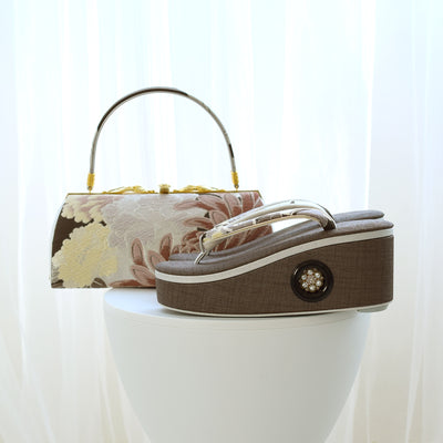 草履 バッグ セット 正絹 帯地 菊 牡丹 ブラウン フリーサイズ(23.5-25cm) 日本製 （5338607600）