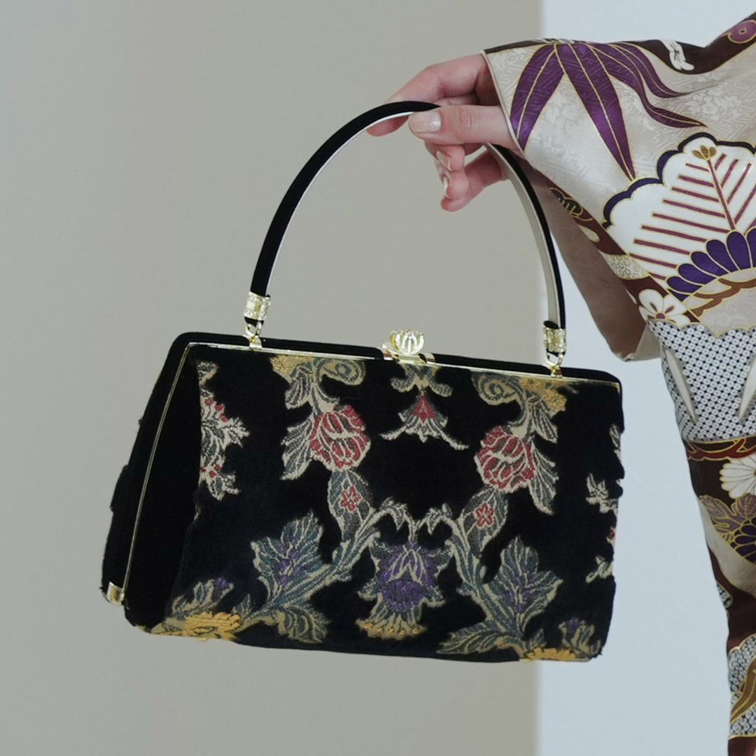 ニコアンティーク 草履バッグセット 花の饗宴 】 黒 パイル織物
