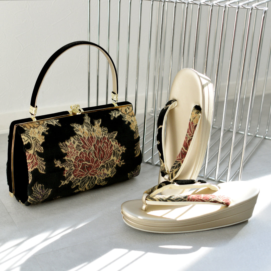 ニコアンティーク 草履バッグセット 花の饗宴 】 黒 パイル織物