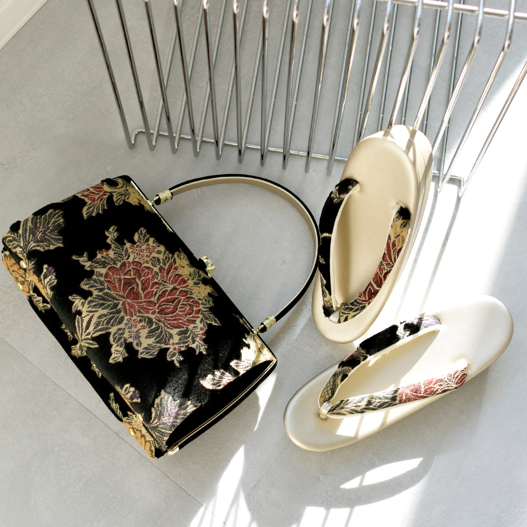 ニコアンティーク 草履バッグセット 花の饗宴 】 黒 パイル織物