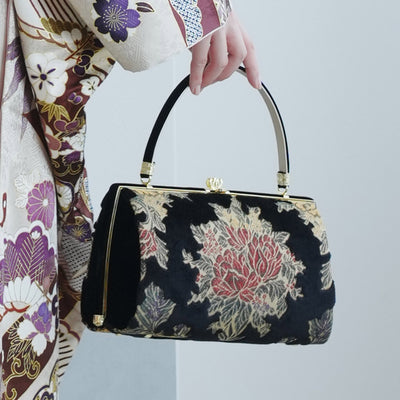【ニコアンティーク 草履バッグセット 花の饗宴 】 黒 パイル織物 ベルベット 和装バッグ 成人式振袖や結婚式にも（5338612300）