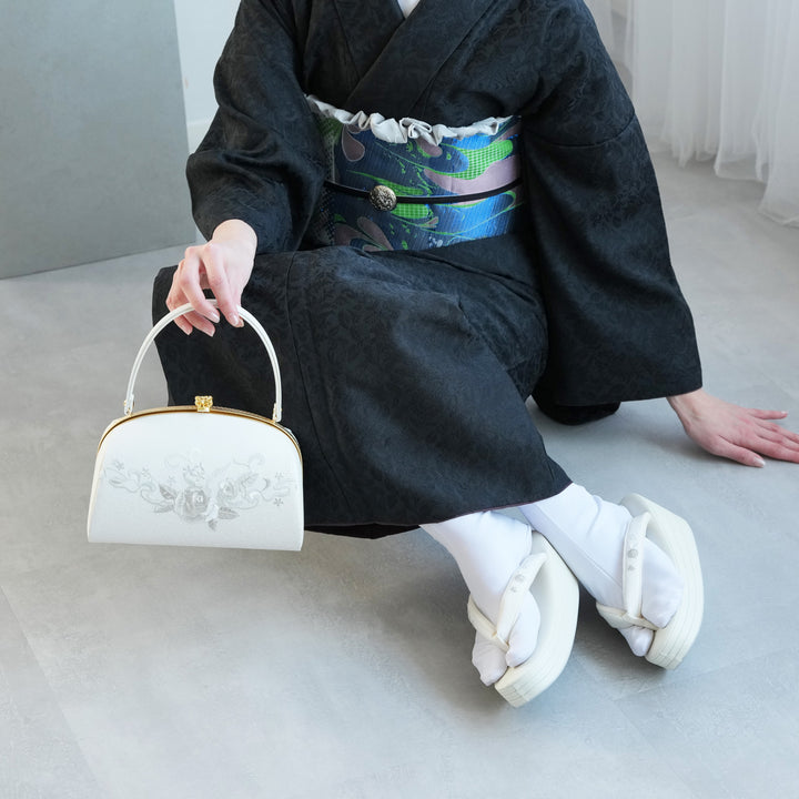 草履バッグセット 3枚芯 ローズ刺繍 シルバー 厚底草履】振袖用ぞうり