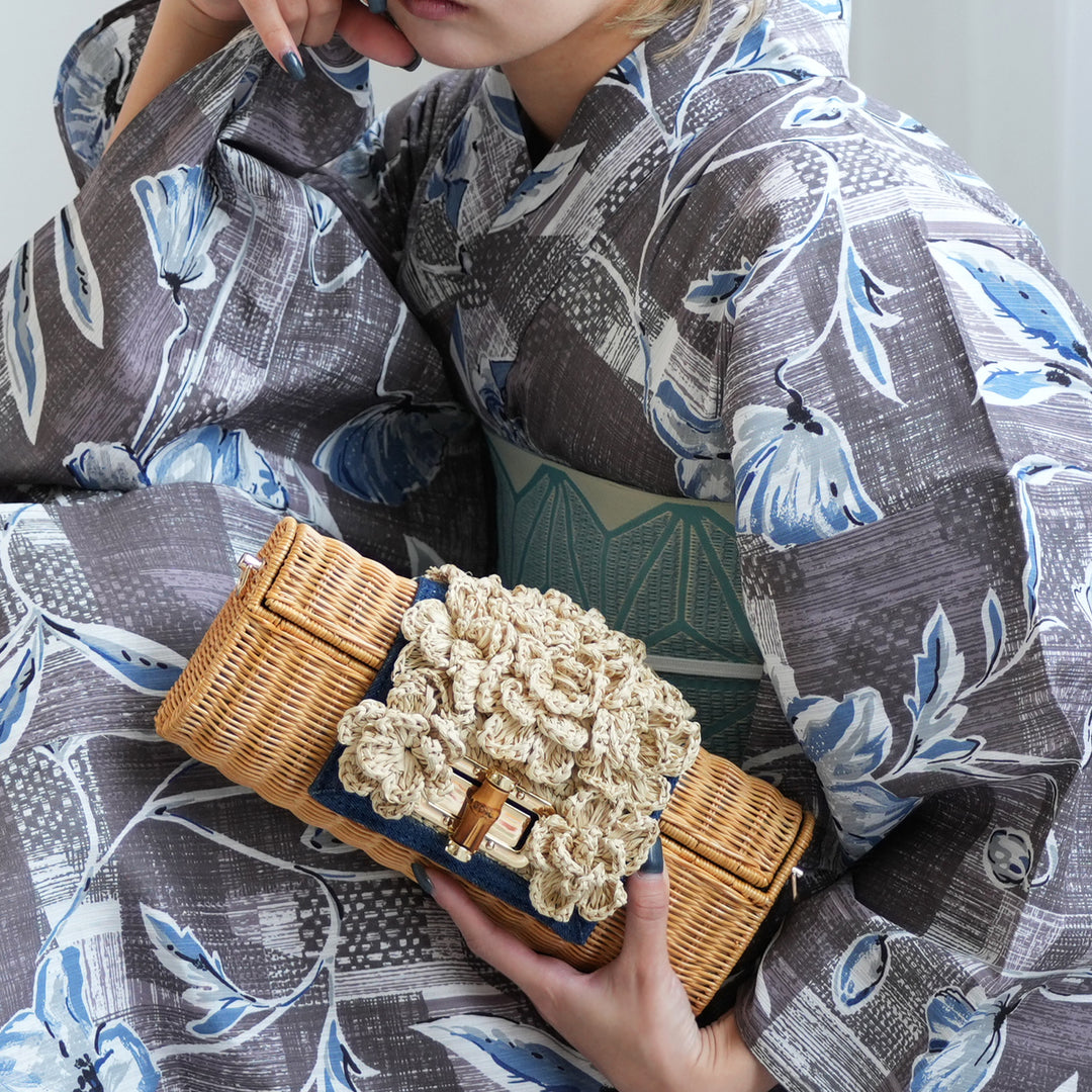 utatane 籐カゴバッグ】単品 バンブー かぎ針編みフラワー