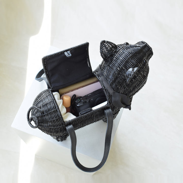 utatane 籐カゴバッグ】単品 黒ぶた 牛革ハンドルバッグ かごバッグ