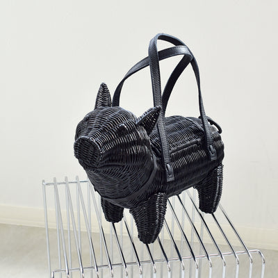 【utatane 籐カゴバッグ】単品 黒ぶた 牛革ハンドルバッグ かごバッグ  ラタンウィッカー 籐編み ハンドメイド 天然素材 ボヘミアン（5371605800）