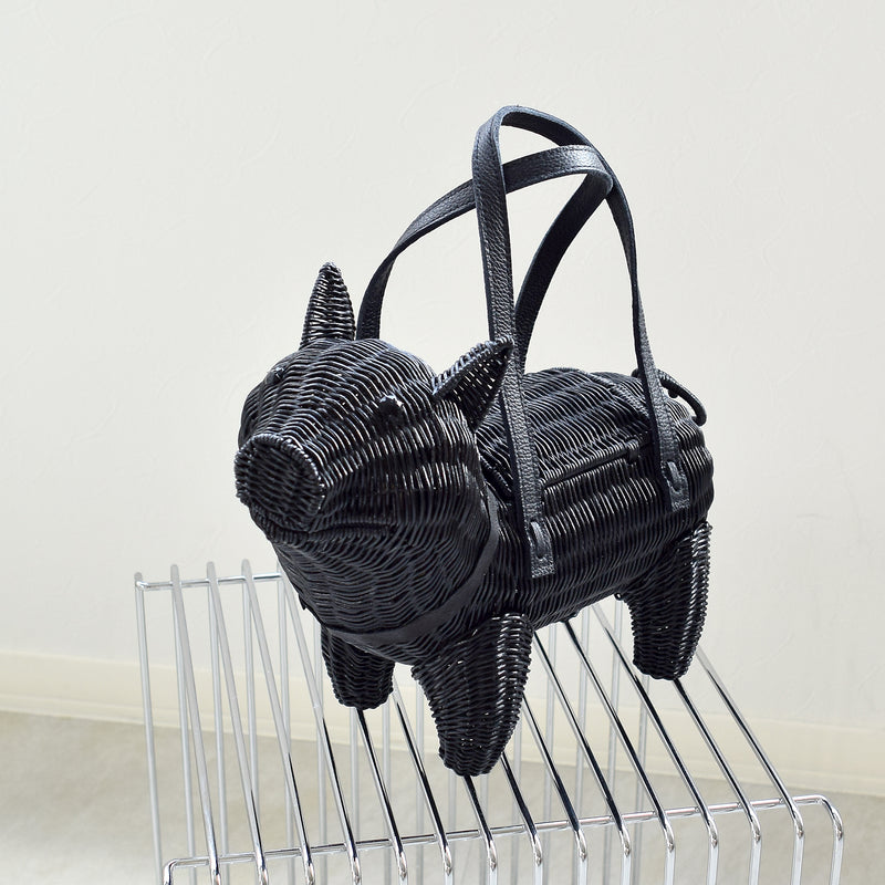 【utatane 籐カゴバッグ】単品 黒ぶた 牛革ハンドルバッグ かごバッグ  ラタンウィッカー 籐編み ハンドメイド 天然素材 ボヘミアン（5371605800）
