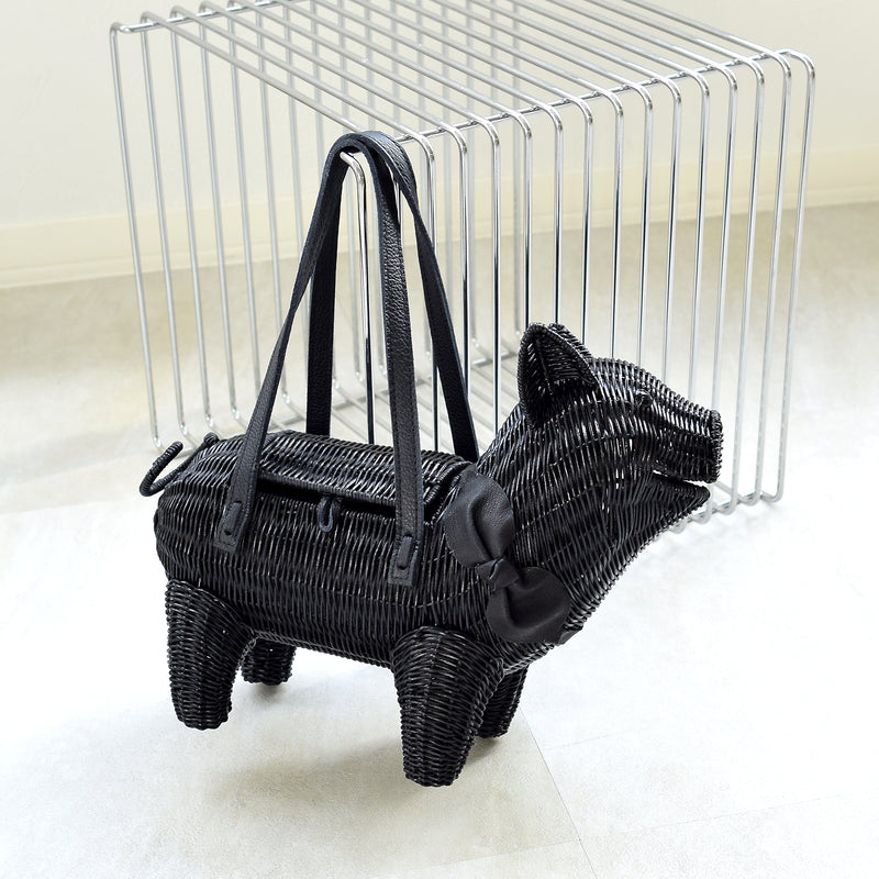 【utatane 籐カゴバッグ】単品 黒ぶた 牛革ハンドルバッグ かごバッグ  ラタンウィッカー 籐編み ハンドメイド 天然素材 ボヘミアン（5371605800）