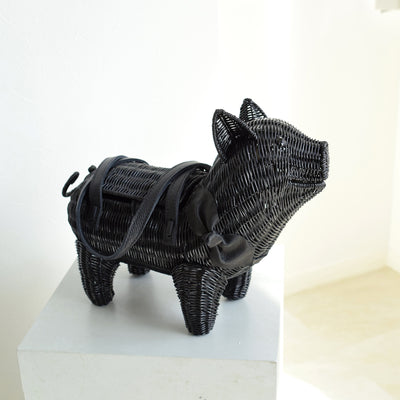 【utatane 籐カゴバッグ】単品 黒ぶた 牛革ハンドルバッグ かごバッグ  ラタンウィッカー 籐編み ハンドメイド 天然素材 ボヘミアン（5371605800）