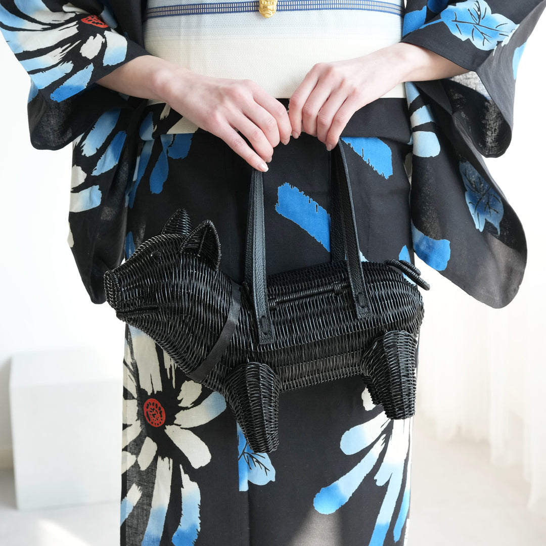 utatane 籐カゴバッグ】単品 黒ぶた 牛革ハンドルバッグ かごバッグ