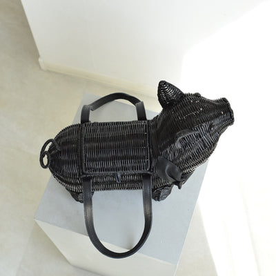 【utatane 籐カゴバッグ】単品 黒ぶた 牛革ハンドルバッグ かごバッグ  ラタンウィッカー 籐編み ハンドメイド 天然素材 ボヘミアン（5371605800）