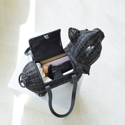 【utatane 籐カゴバッグ】単品 黒ぶた 牛革ハンドルバッグ かごバッグ  ラタンウィッカー 籐編み ハンドメイド 天然素材 ボヘミアン（5371605800）