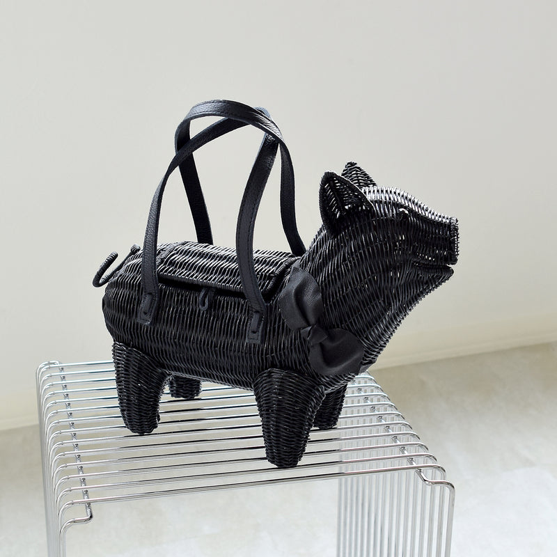 【utatane 籐カゴバッグ】単品 黒ぶた 牛革ハンドルバッグ かごバッグ  ラタンウィッカー 籐編み ハンドメイド 天然素材 ボヘミアン（5371605800）