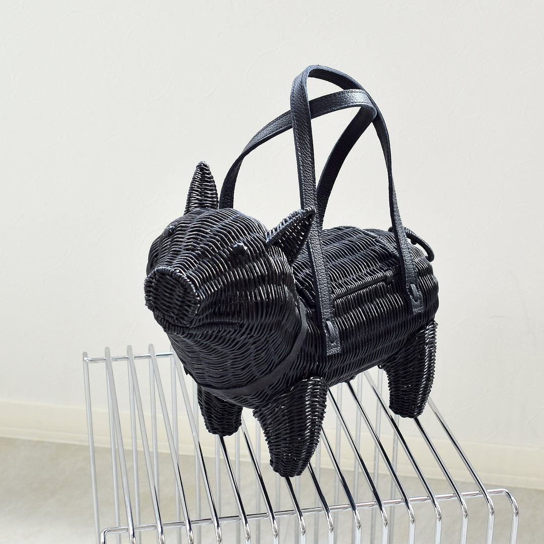 utatane 籐カゴバッグ】単品 黒ぶた 牛革ハンドルバッグ かごバッグ