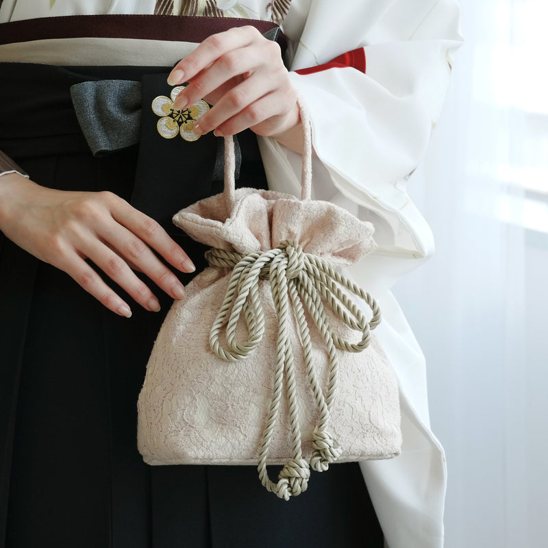 巾着バッグ utatane 2wayリボン ショルダー レース サーモンピンク ベージュ 袴（はかま）/浴衣用バッグ（5374604200）