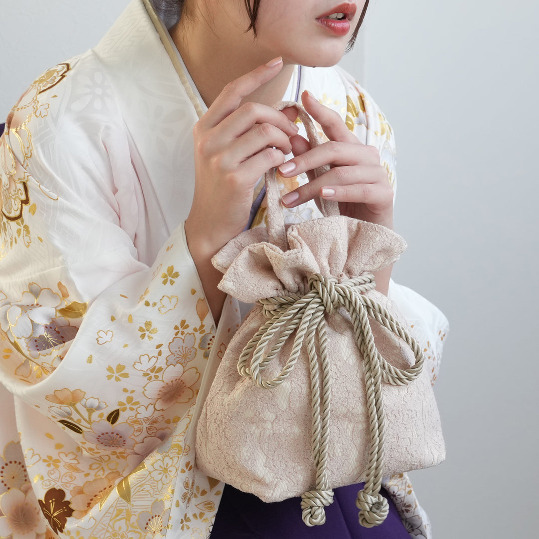 巾着バッグ utatane 2wayリボン ショルダー レース サーモン