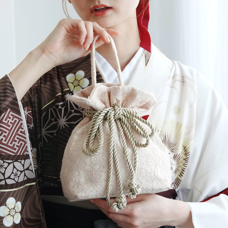 巾着バッグ utatane 2wayリボン ショルダー レース サーモンピンク ベージュ 袴（はかま）/浴衣用バッグ（5374604200）