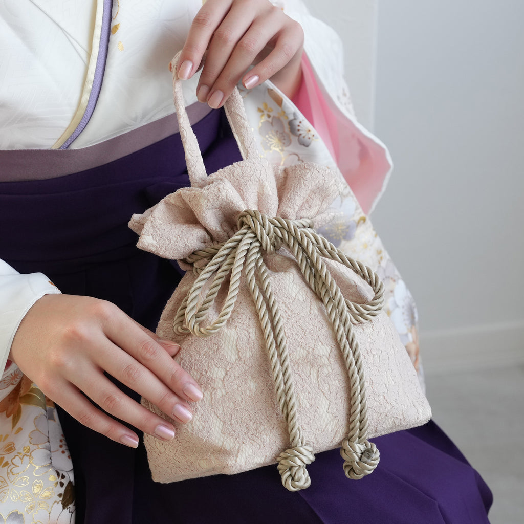 巾着バッグ utatane 2wayリボン ショルダー レース サーモン