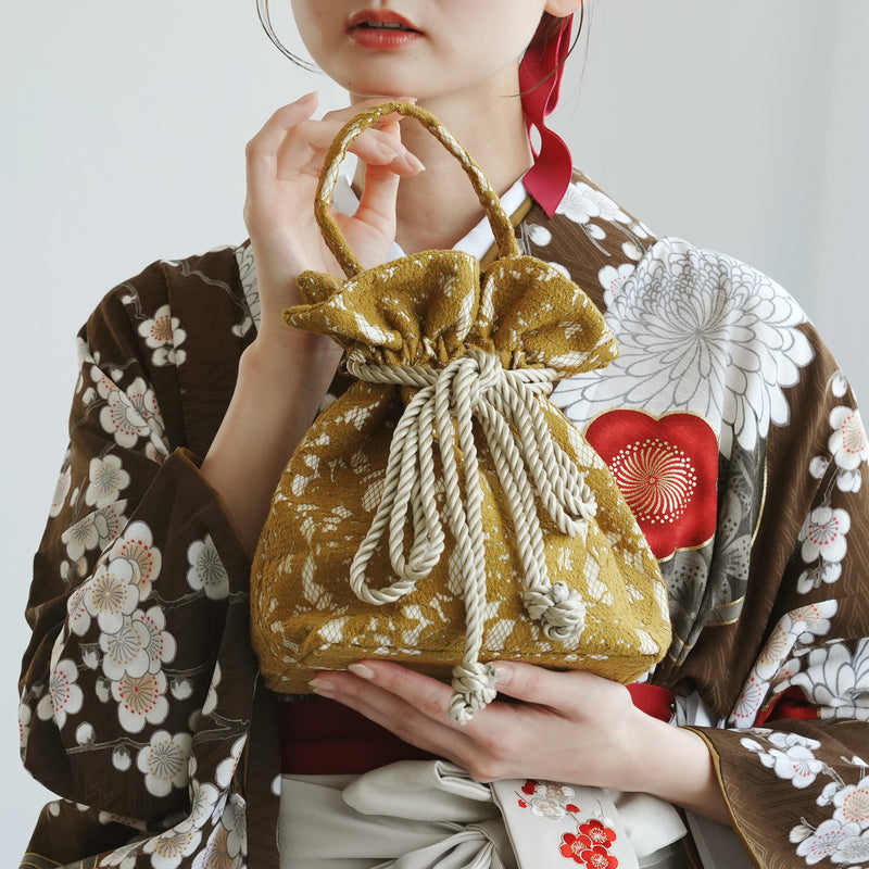 巾着バッグ utatane 2wayリボン レース ショルダー からし色 袴（はかま）/浴衣用バッグ（5374604300）