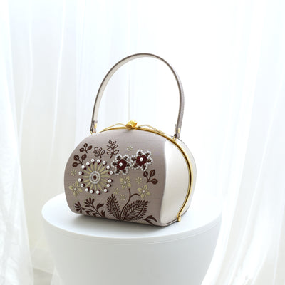 和装バッグ がま口 刺繍 バッグ単品  成人式 振袖用 アッシュベージュ サンドベージュ シルバーグレー 日本製 （5376602001）