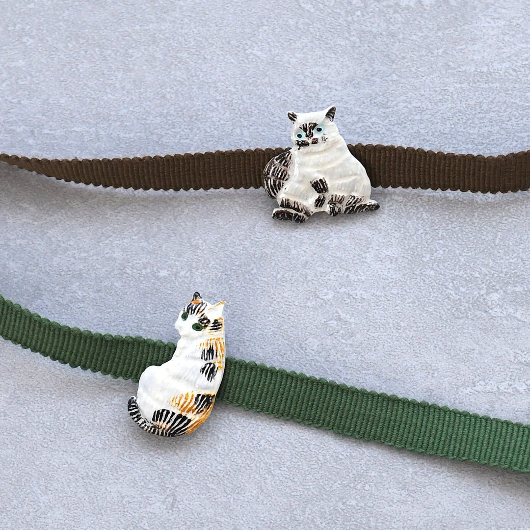 ニコアンティーク 帯締め＋帯留め 2点セット】おすわり猫 真田紐