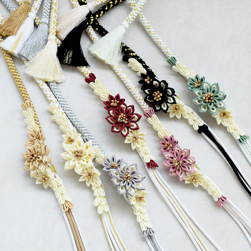 帯締め 正絹 振袖 日本製 くすみカラー つまみ細工 成人式 花飾り 白 ...