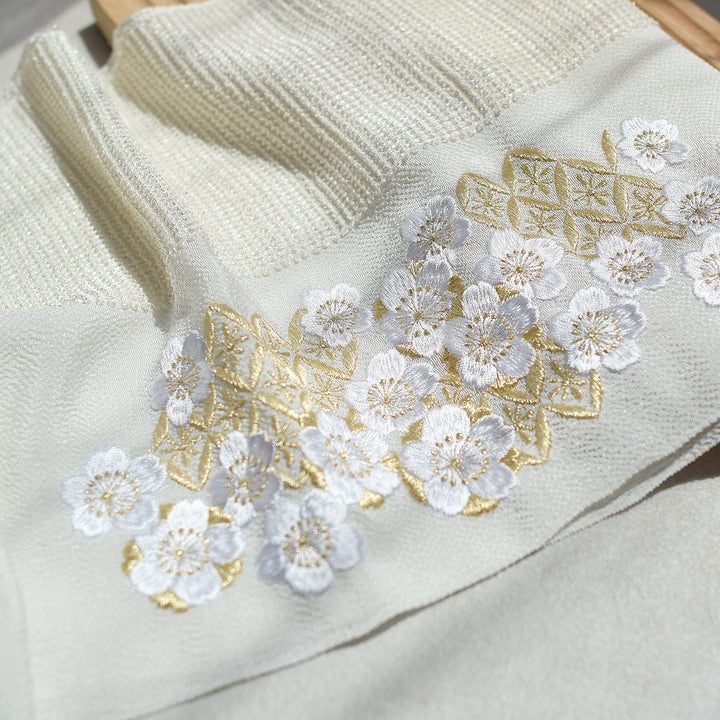 帯揚げ 疋田刺繍帯揚 七宝 八重桜柄 振袖 成人式 着物 白 きなり