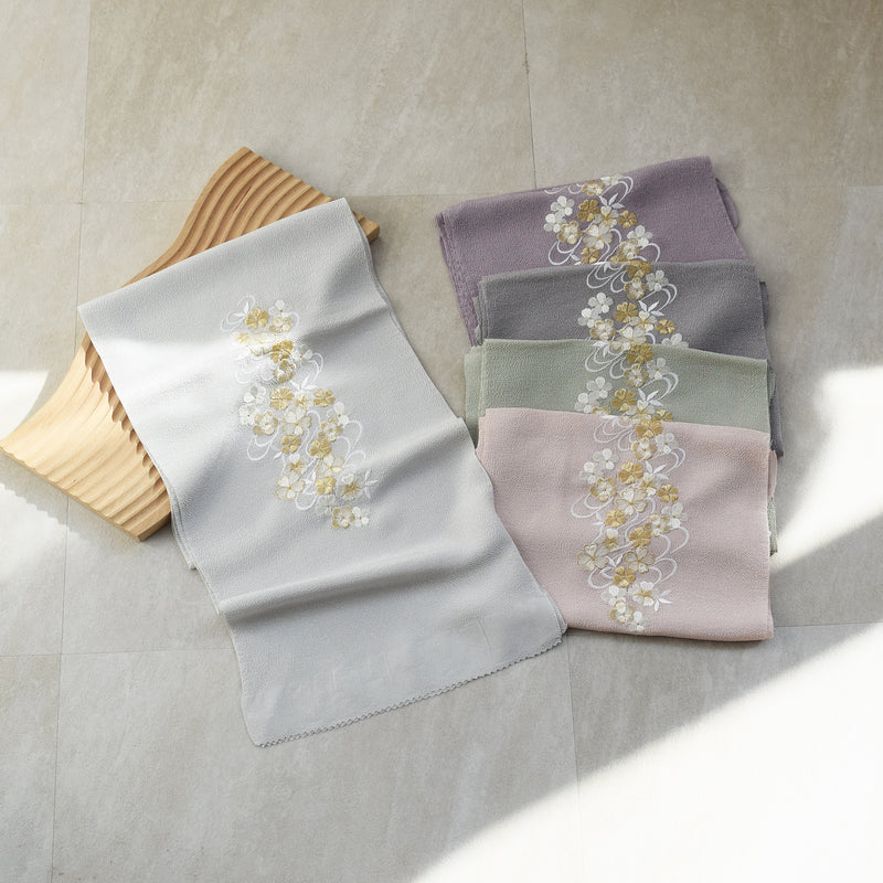 帯揚げ 刺繍 桜 ちりめん 正絹 シルク 日本製 グレー ピンク 緑 水色 ラベンダー （5401621001）