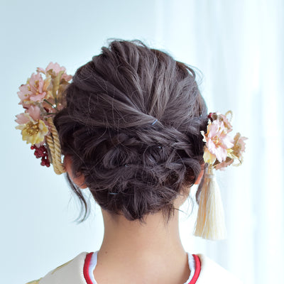 髪飾り ヘアアクセサリー コーム・Uピン5点セット 桜と実＆リボンタッセル （5432603001）