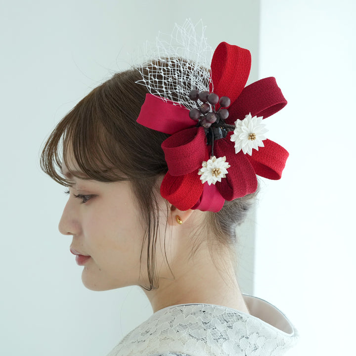 髪飾り ヘアアクセサリー リボンヘッドドレス風コーム つまみ細工 日本