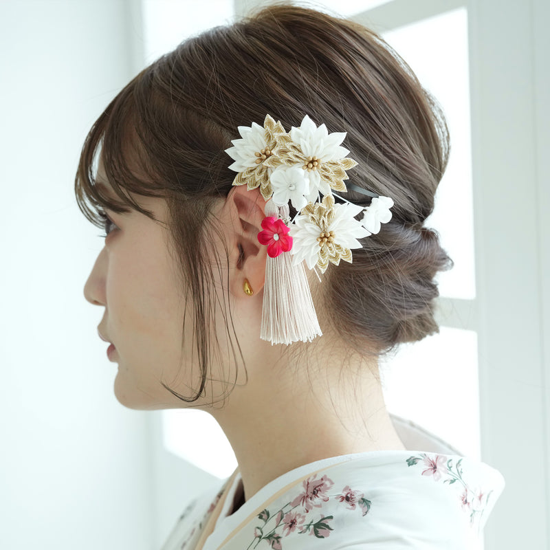 髪飾り ヘアアクセサリー 菊＆梅タッセルスリーピン つまみ細工 日本製  （5432609000）