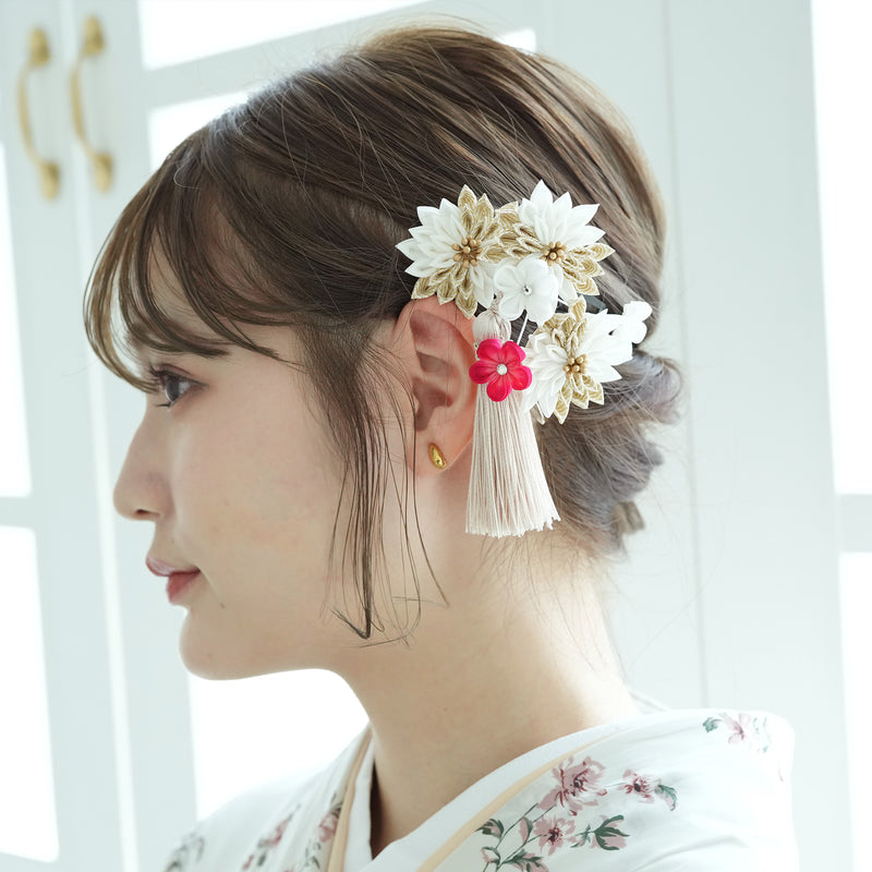 髪飾り ヘアアクセサリー 菊＆梅タッセルスリーピン つまみ細工 日本製