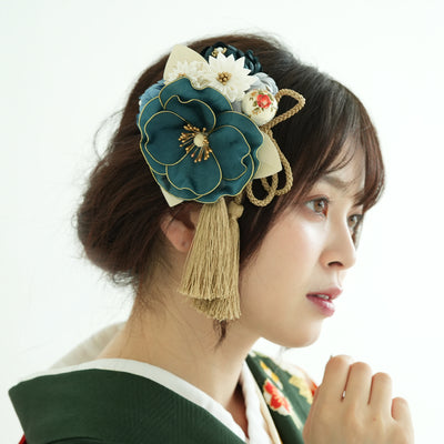 髪飾り ヘアアクセサリー コーム・Uピン3点セット シルク椿＆タッセルリボン 日本製  （5432609901）