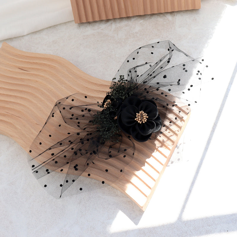 髪飾り ヘアアクセサリー コーム単品 チュール ヴェールリボン かすみそう ブラック 日本製  （5432613100）