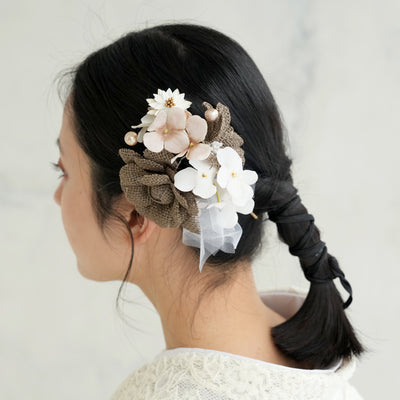 髪飾り ヘアアクセサリー コーム単品 ナチュラルフラワー＆コットンパール 日本製  （5432613301）