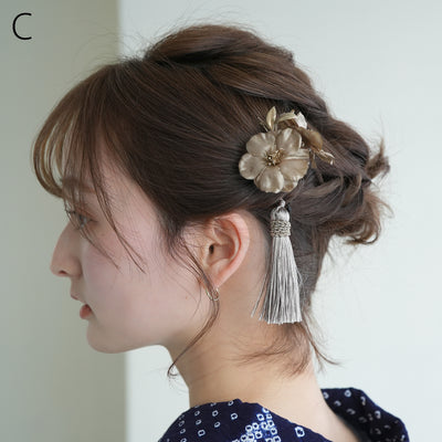 髪飾り くすみフラワー＆タッセル2点セット 日本製 （5432614701）