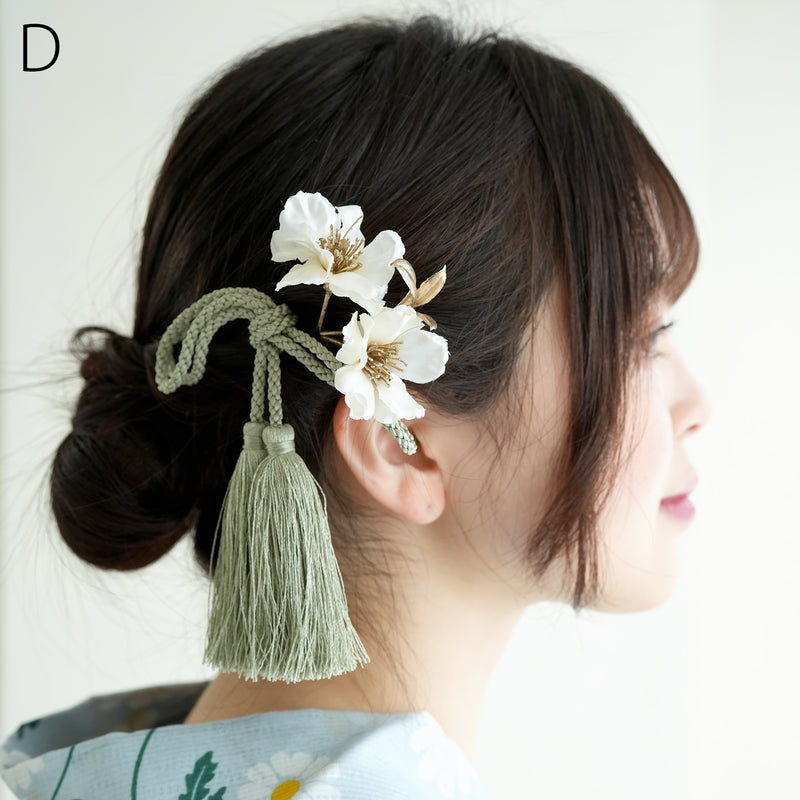 髪飾り ヘアアクセサリー Uピン2点セット くすみフラワー＆リボンタッセル 日本製  （5432615001）