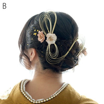 髪飾り ヘアアクセサリー 桜チュール＆水引・Uピン・金箔8点セット 日本製  （5432616801）