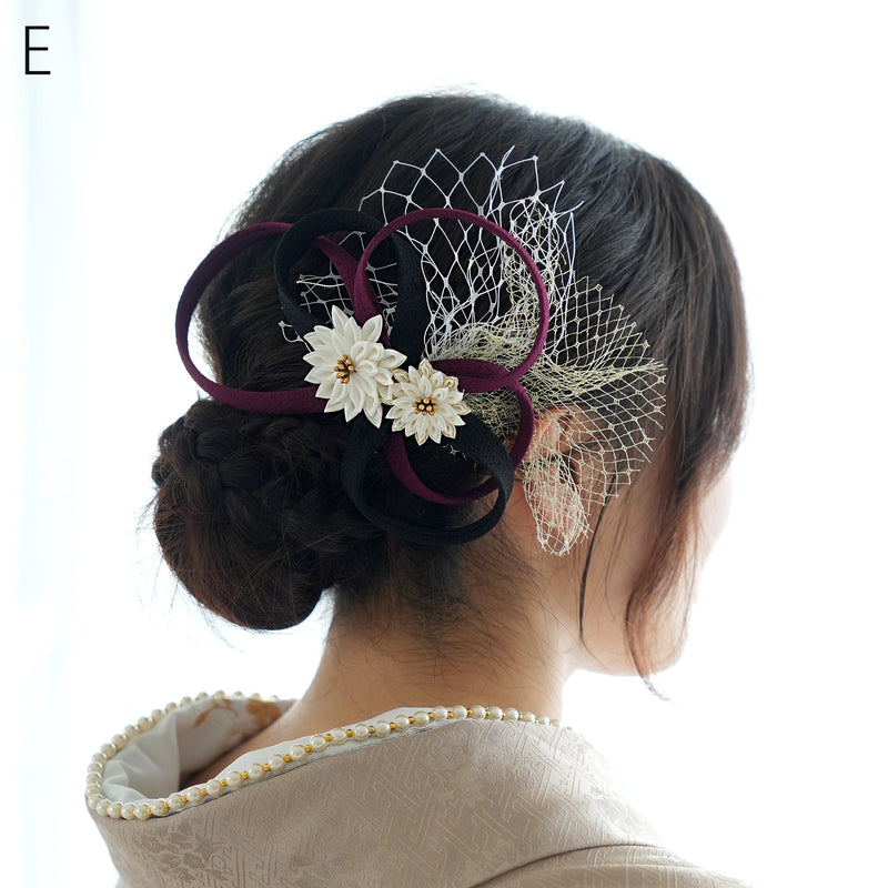 髪飾り ヘアアクセサリー コーム単品 シルク剣菊つきチュールリボン ちりめん 日本製  （5432618501）
