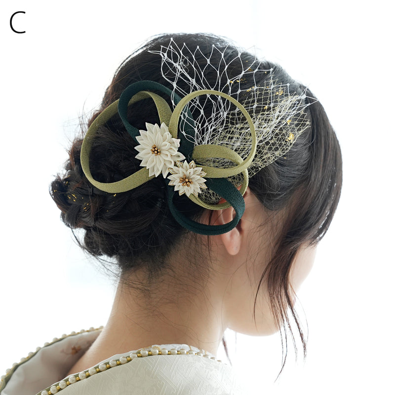 髪飾り ヘアアクセサリー コーム単品 シルク剣菊つきチュールリボン ちりめん 日本製  （5432618501）