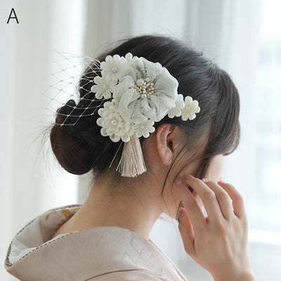 髪飾り ヘアアクセサリー Uピン3点セット 絞り花&タッセルつまみコーム 日本製  （5432619001）
