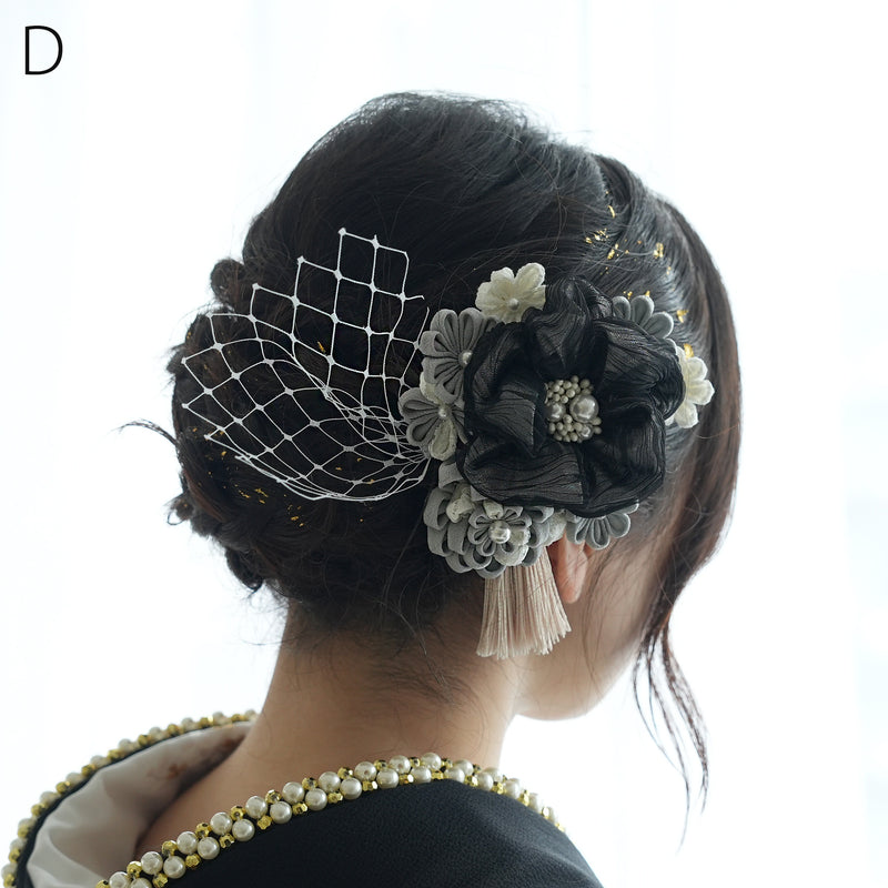 髪飾り ヘアアクセサリー Uピン3点セット 絞り花&タッセルつまみコーム 日本製  （5432619001）