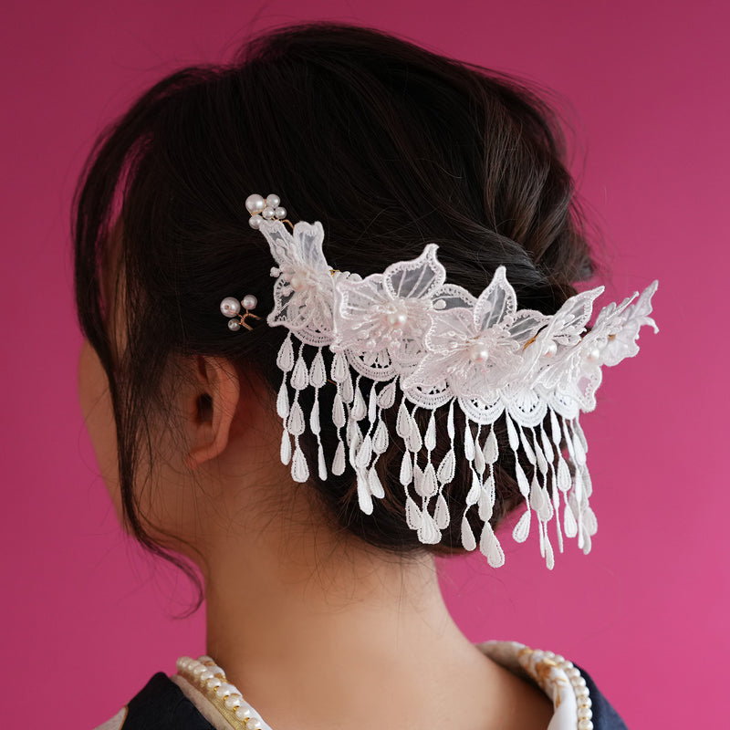 髪飾り ヘアアクセサリー コーム単品 モチーフレース×パール ビッグサイズ バックカチューシャ風 白 日本製 （5432622100）