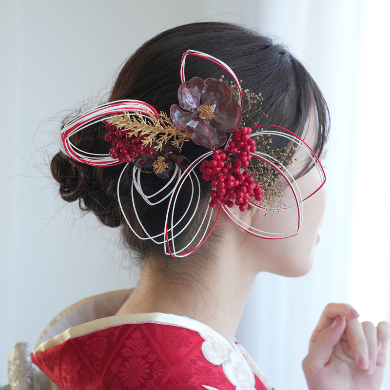 髪飾り ヘアアクセサリー クリア 花 水引 2点セット ピンク （5432622401）