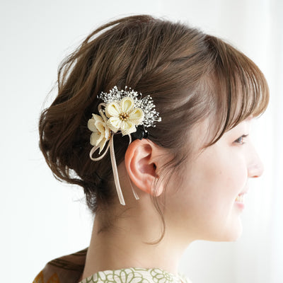 髪飾り ヘアアクセサリー クリップ単品 つまみ細工 梅＆リボン 日本製 （5432622801）