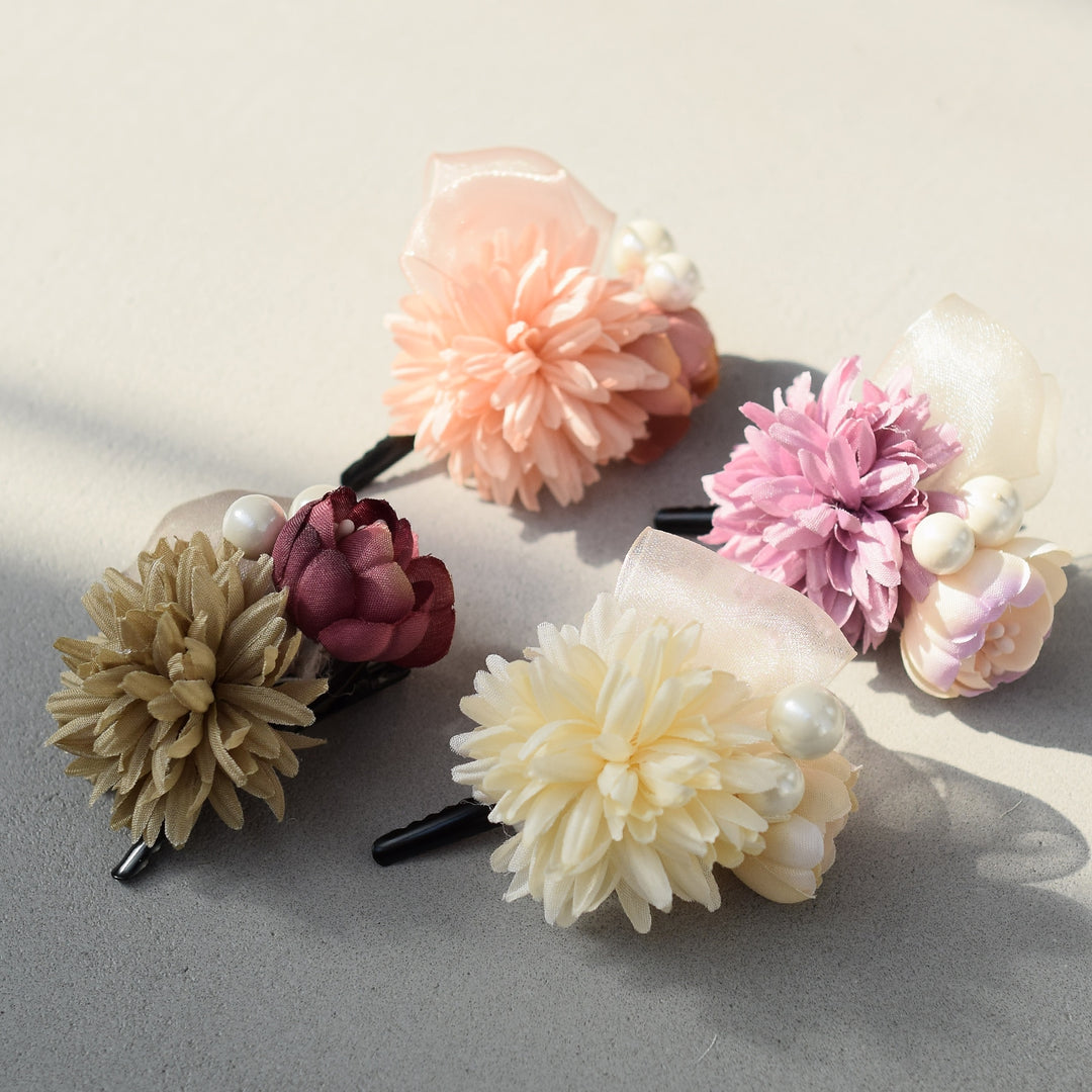髪飾り ヘアアクセサリー クリップ単品 菊と牡丹 パール＆ヴェール