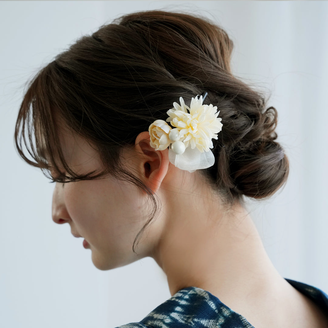 髪飾り ヘアアクセサリー クリップ単品 菊と牡丹 パール＆ヴェール