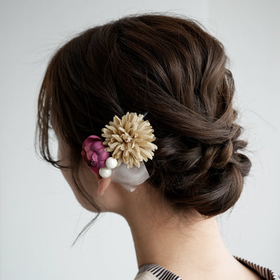 髪飾り ヘアアクセサリー クリップ単品 菊と牡丹 パール＆ヴェール 日本製 （5432623201）